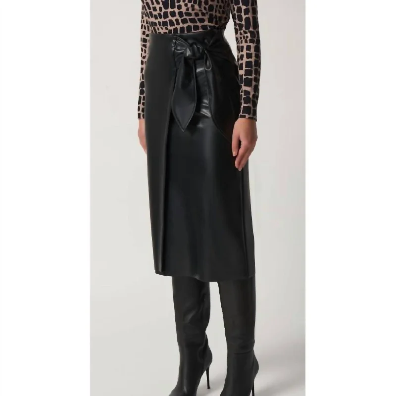 Skirts for laid-back yet chic fashion -Faux Leather Tie Wrap Skirt In Black