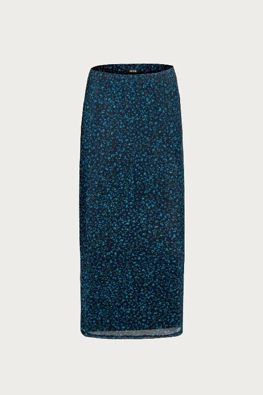 Skirts for comfy vacation wear -Felix Mesh Midi Skirt In Blue Daisy Ditsy