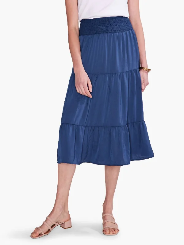 Skirts for outdoor weekend looks -Soft Drape Tiered Skirt In Deep Ocean