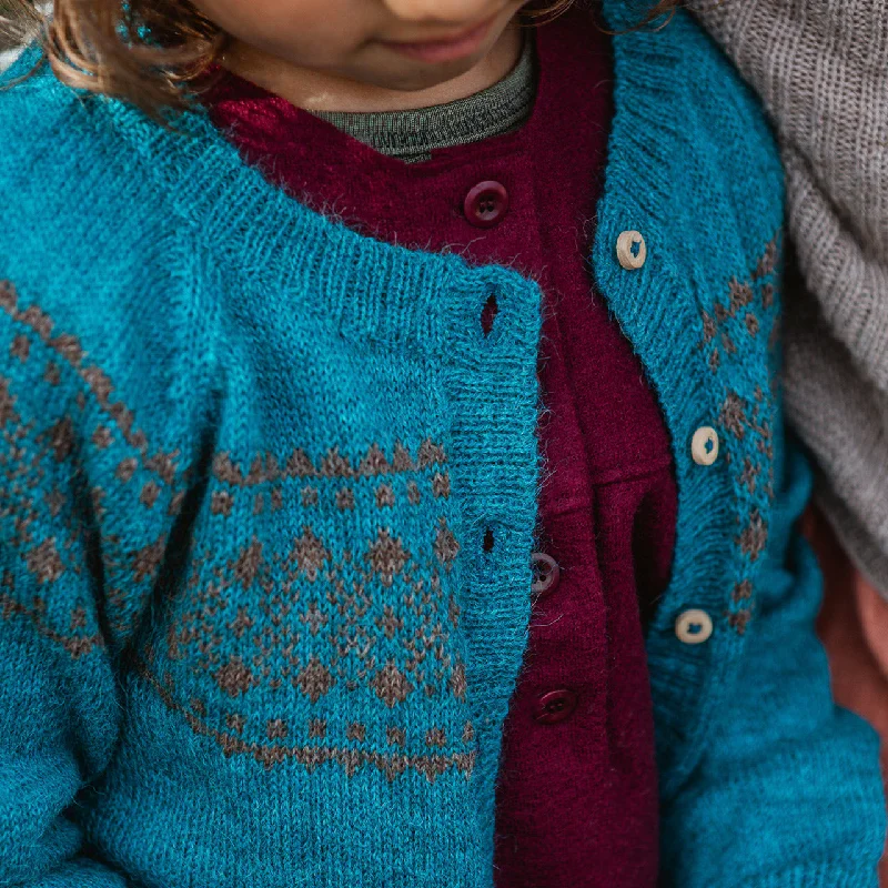 cardigan modern warmth -Pullover sweater for trendy holiday outfits -Alpine Cardigan - 100% Baby Alpaca - Turquoise (18m-8y)