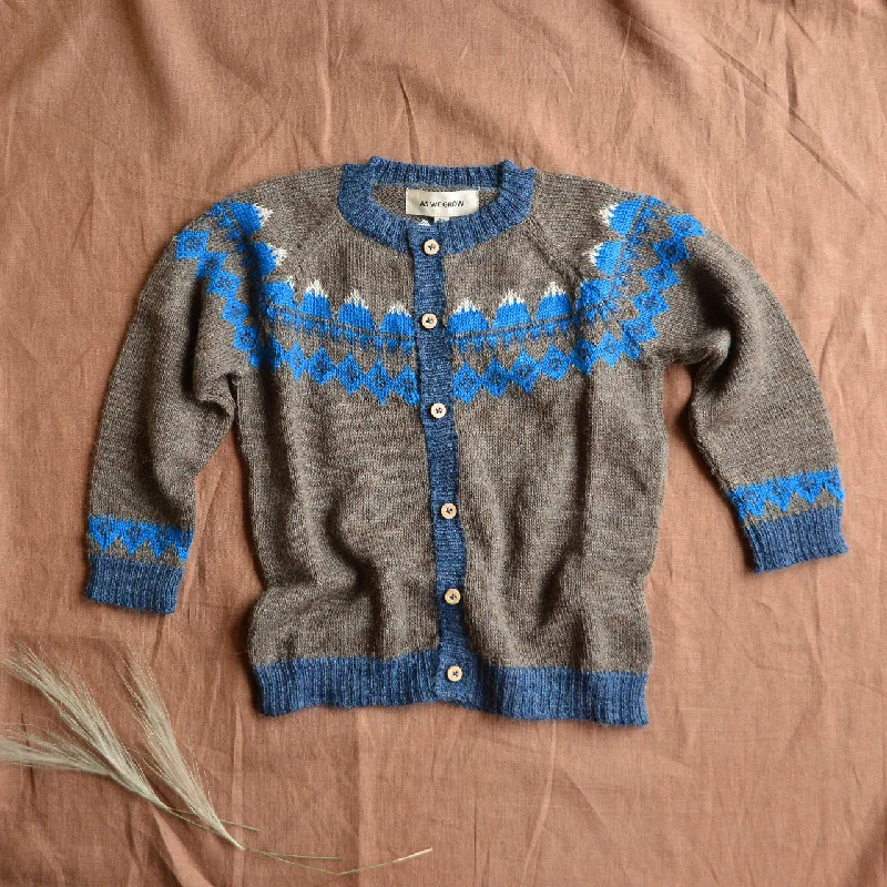 cardigan for casual trips -Pullover sweater for festive family gatherings -FairIsle Mountain Cardigan - 100% Baby Alpaca - Cedar/Blue (18m-8y)