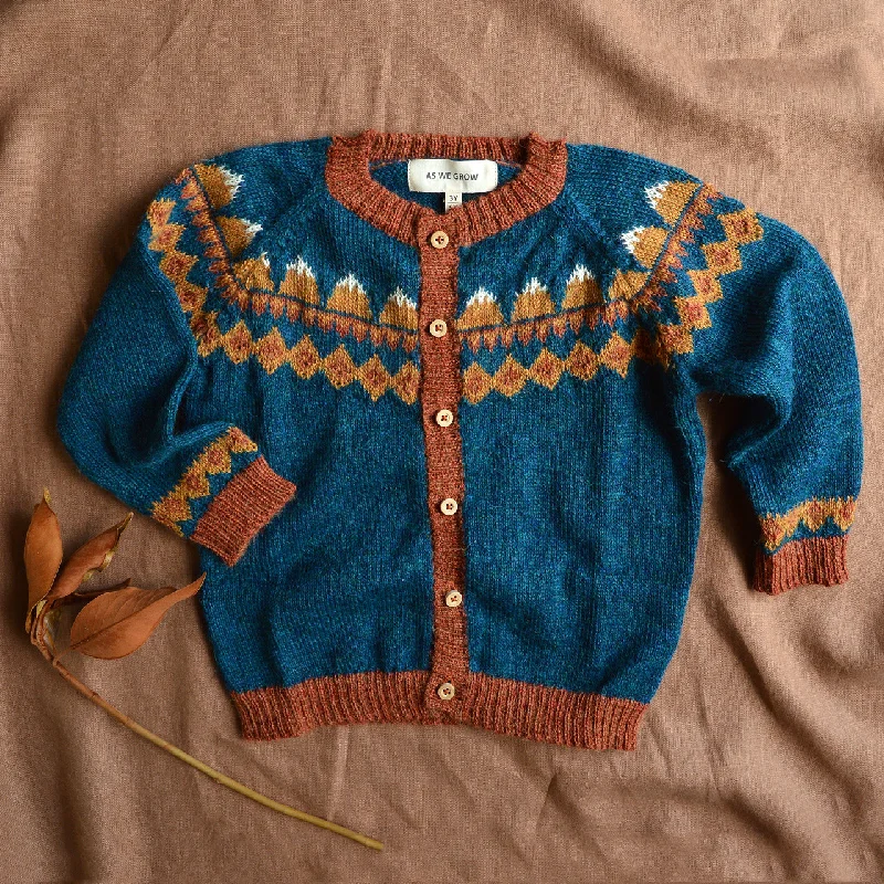 cardigan for relaxed wear -Pullover sweater for fashionable layering -FairIsle Mountain Cardigan - 100% Baby Alpaca - Peacock (6-8y)  *Last One!