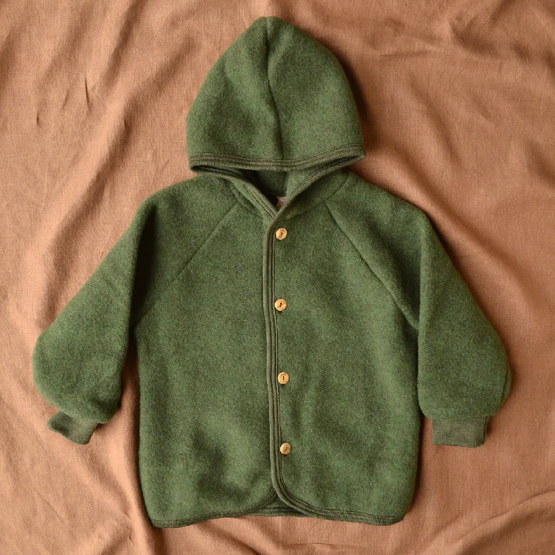 cardigan for casual wear -Pullover sweater for comfortable hiking outfits -Hooded Jacket in Organic Wool Fleece with Buttons - Reed (3-6m) *Last One!