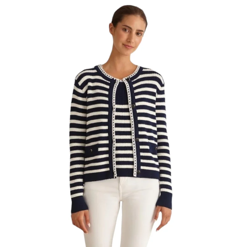 cardigan for winter evenings -Pullover sweater for stylish long weekends -Marina V Striped Knit Cardigan Navy