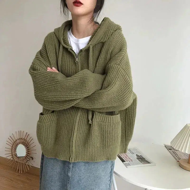 long cardigan for women -Pullover sweater for color blocking -Oversized Knitted Hooded Cardigan