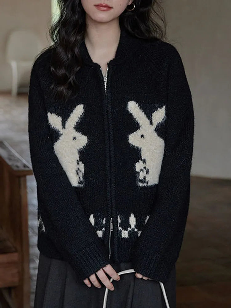 cardigan soft texture -Pullover sweater for casual family events -Rabbit Knitted Zip Cardigan