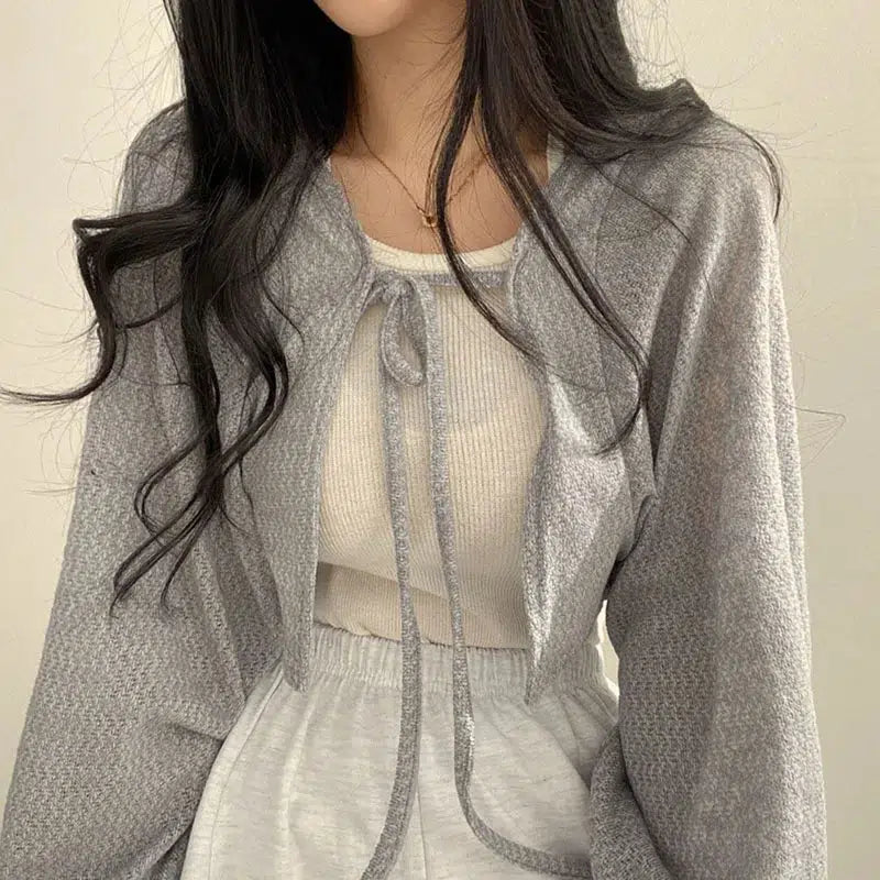 cardigan cozy knit -Pullover sweater for office meetings -Soft Girl Lace Up Crop Cardigan