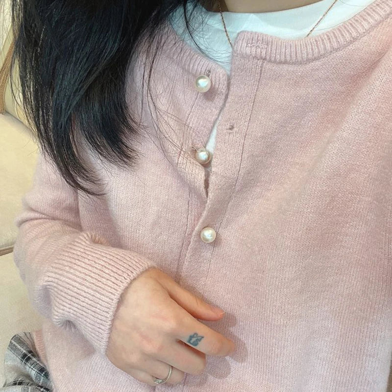 cardigan for chilly days -Pullover sweater for relaxed brunch outfits -Sweet Pink Knitted O-Neck Long Sleeve Button Up Solid Color Cozy Chic Stylish Cardigan