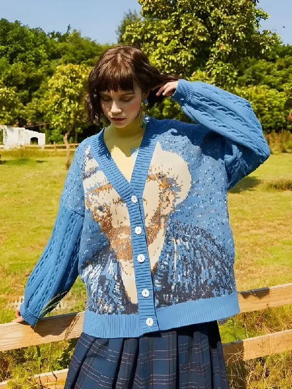 cardigan with velvet trim -Pullover sweater for cozy mornings -Van Gogh Self Portrait Cardigan