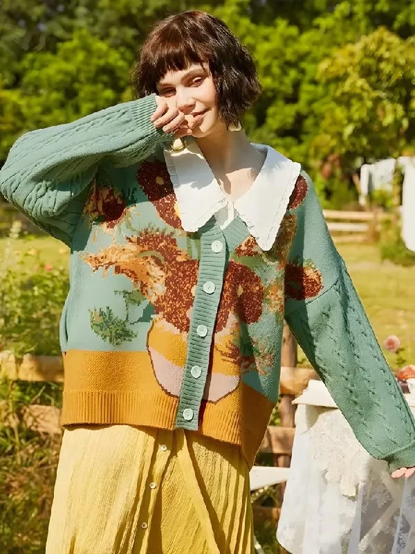 cardigan with striped accents -Pullover sweater for cool winter evenings -Van Gogh Sunflowers Cardigan