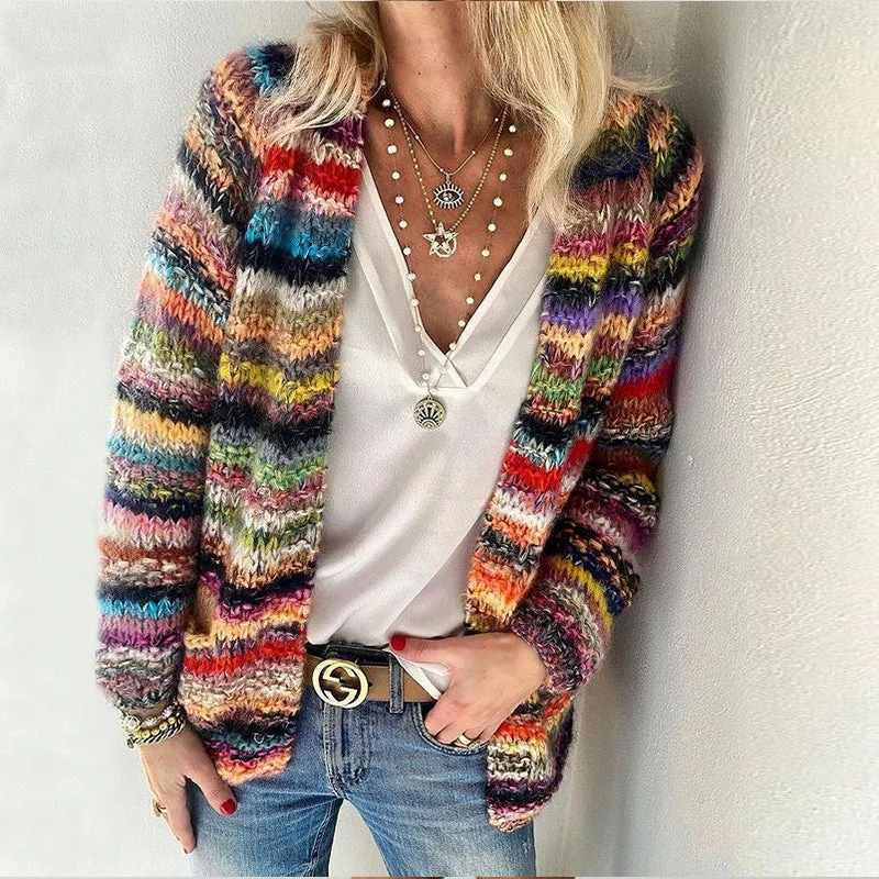 cardigan with pockets -Pullover sweater for fashion-forward looks -Amy Fashion - Multicolor Stripped Print Cardigan