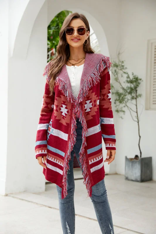 cardigan with tribal print -Pullover sweater for snow days -Women's Geometric Print Open Front Mid Length Fringed Cardigan