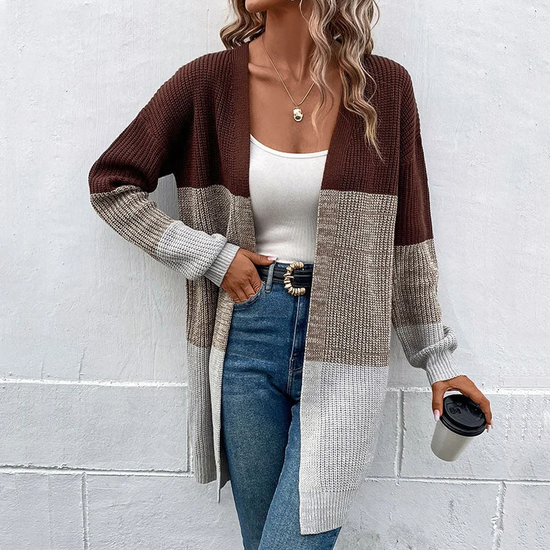 cardigan stylish knitwear -Pullover sweater for simple cozy outfits -Women's Long Sleeve Colour Block Open Front Cardigan