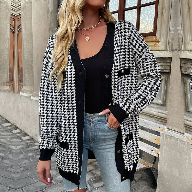 cardigan for home wear -Pullover sweater for luxe casual wear -Women's Mid Length Dogtooth Button Front Cardigan