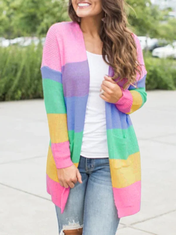 cardigan soft knit -Pullover sweater for trendy casual wear -Women's Open Front Longline Cardigan With Contrast Rainbow Pattern