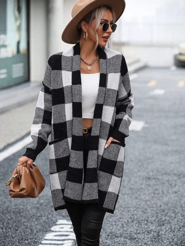 cardigan for casual Fridays -Pullover sweater for winter wedding attire -Women's Open Front Plaid Knit Cardigan