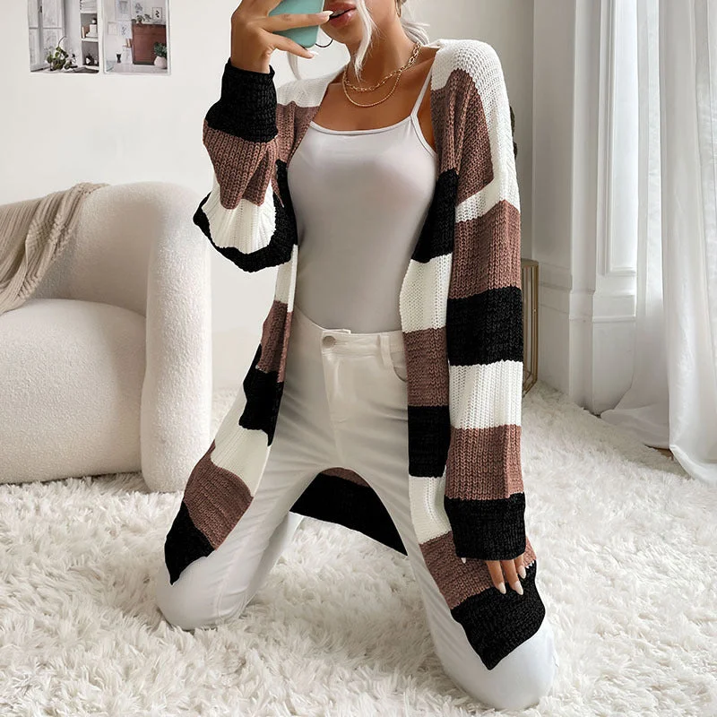 cardigan with abstract print -Pullover sweater for chic holiday parties -Women's Open Front Thick Stripe Longline Cardigan