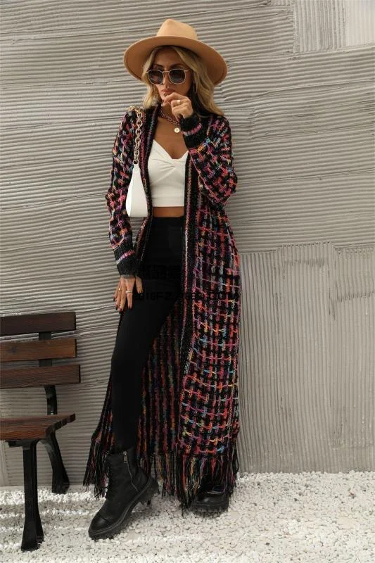 cardigan modern warmth -Pullover sweater for cozy snowy days -Women's Plaid Print Floor Length Cardigan With Tassel Hem