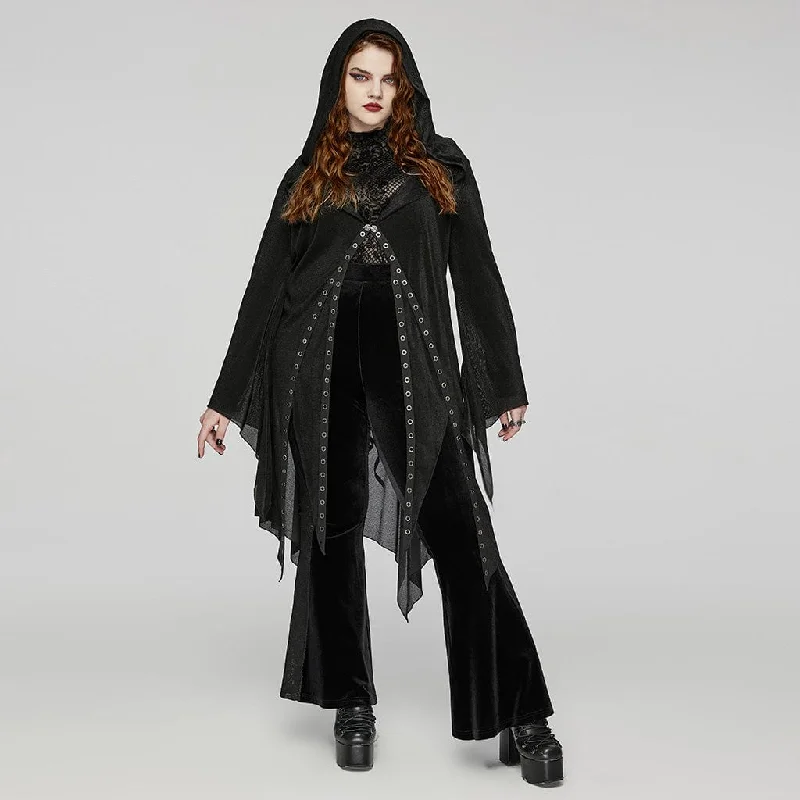 cardigan with floral embroidery -Pullover sweater for layered evening outfits -Women's Plus Size Gothic Irregular Eyelet Mesh Cardigan with Hood