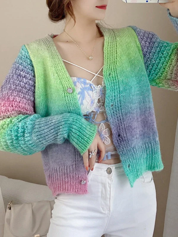 cardigan for lounge days -Pullover sweater for chic travel looks -Women's Rainbow Colour Gradient Waist Length Knit Cardigan