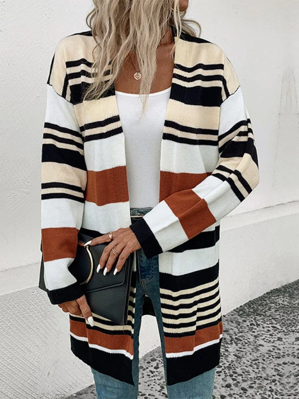 cardigan for cool days -Pullover sweater for colorful winter days -Women's Stripe Colour Block Open Front Mid Length Cardigan