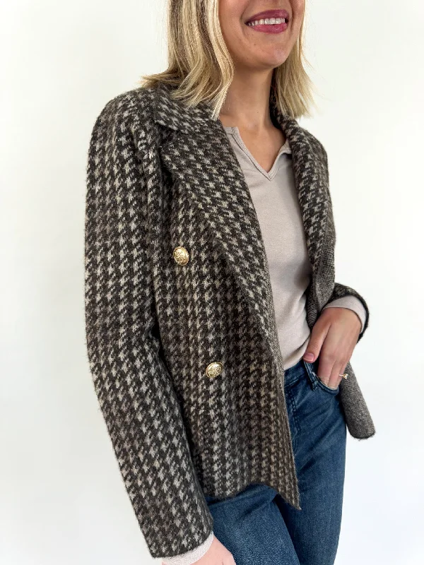 cardigan soft blend -Pullover sweater for casual everyday looks -Woods Subtle Plaid Blazer with Gold Buttons