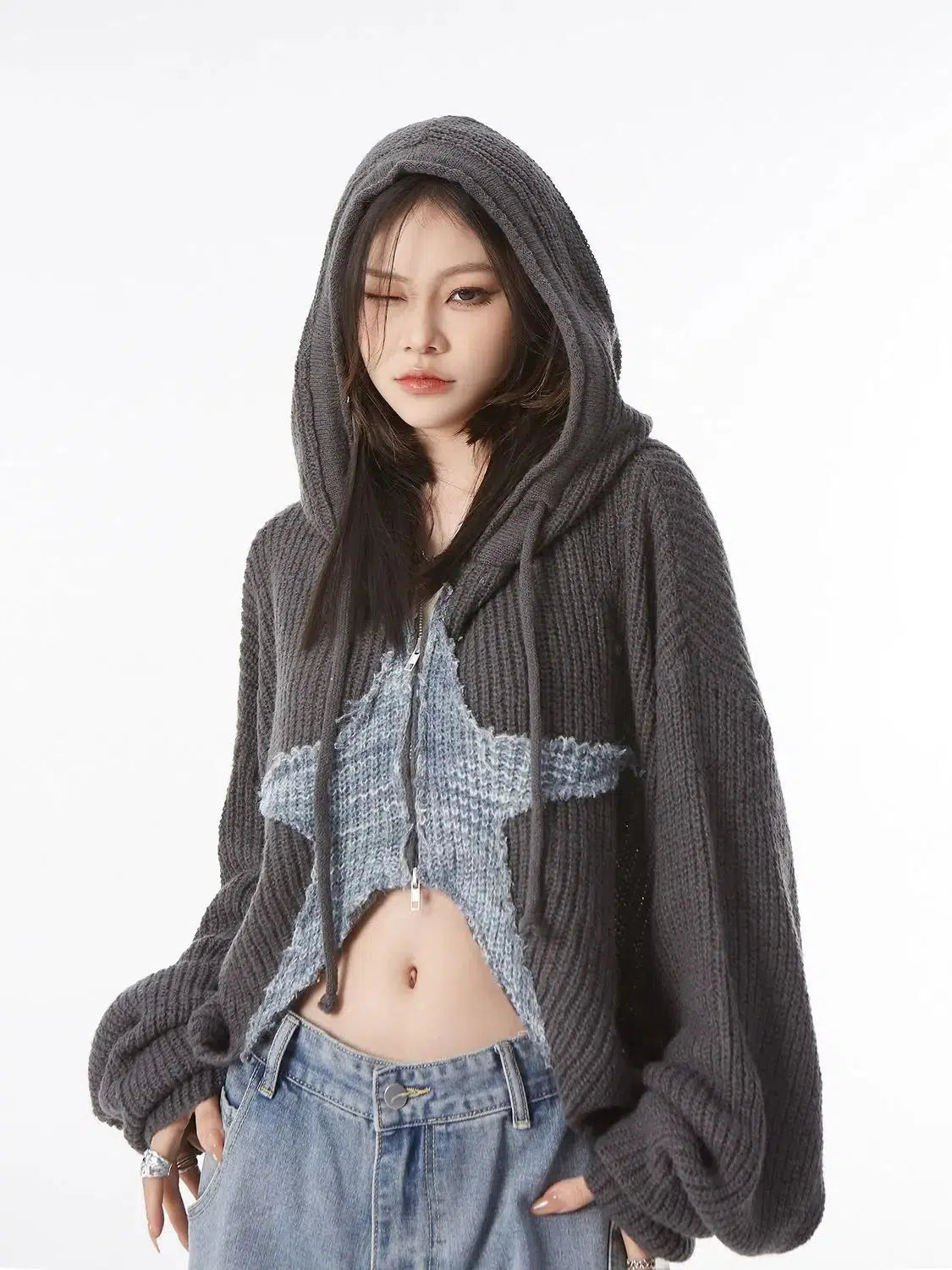 cardigan for daily wear -Pullover sweater for cozy comfort -Y2K Star Hooded Cardigan