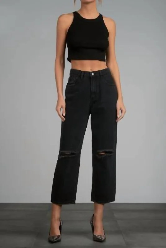 Pants for weekend fashion -Fray Hem Distressed Crop Jeans In Black Vintage