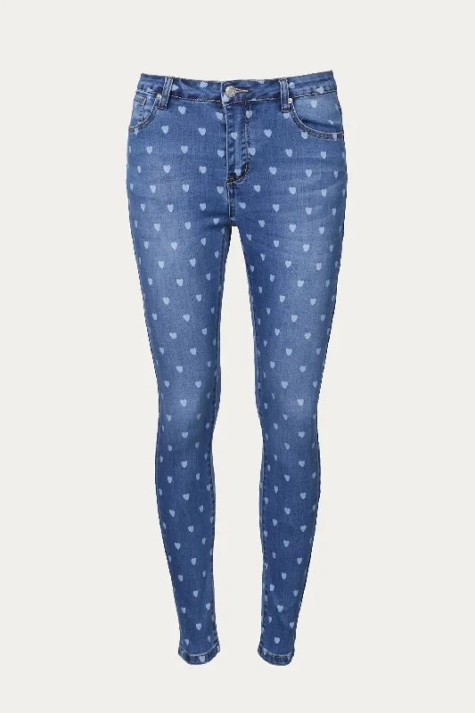 Pants for casual streetwear looks -Mid-Rise Heart-Print Skinny Jean In Light Blue