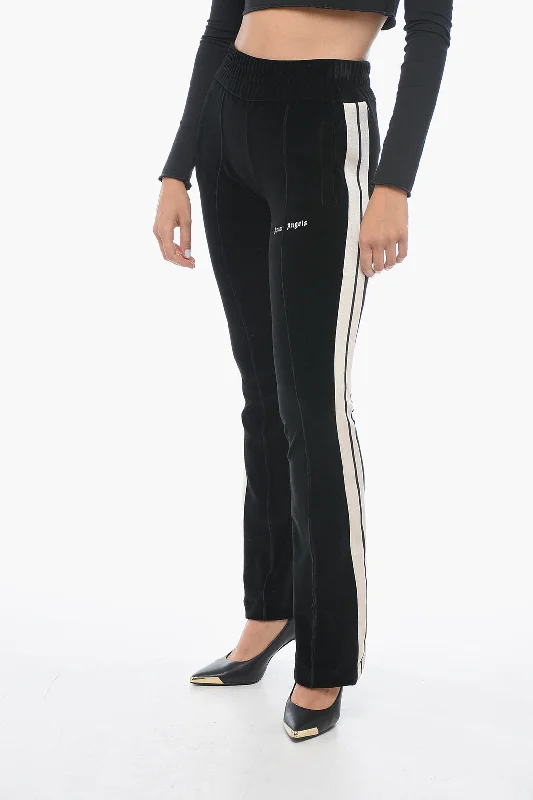 Pants for road trip essentials -Palm Angels Velour Track Pants with Contrasting Bands