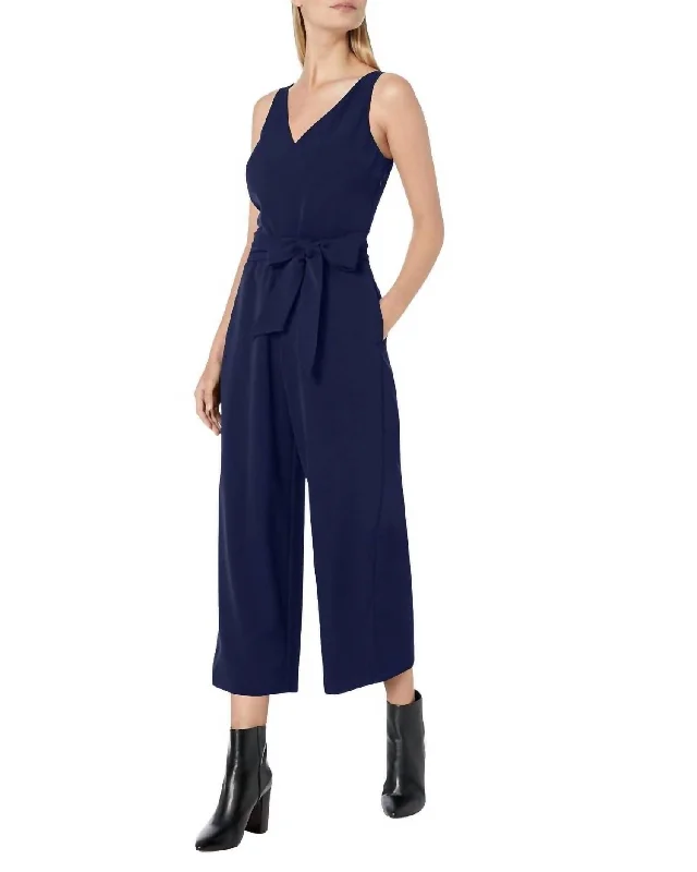 Pants for versatile winter wear -Sleeveless V-Neck Jumpsuit In Blue