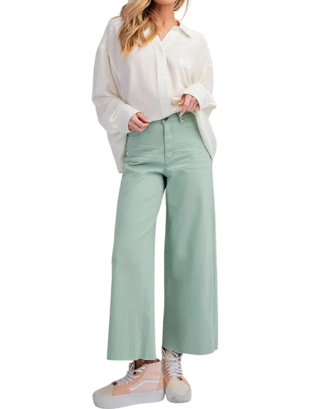 Pants for weekend getaways -Soft Stretch High Waisted Twill Pants In Mint Sage