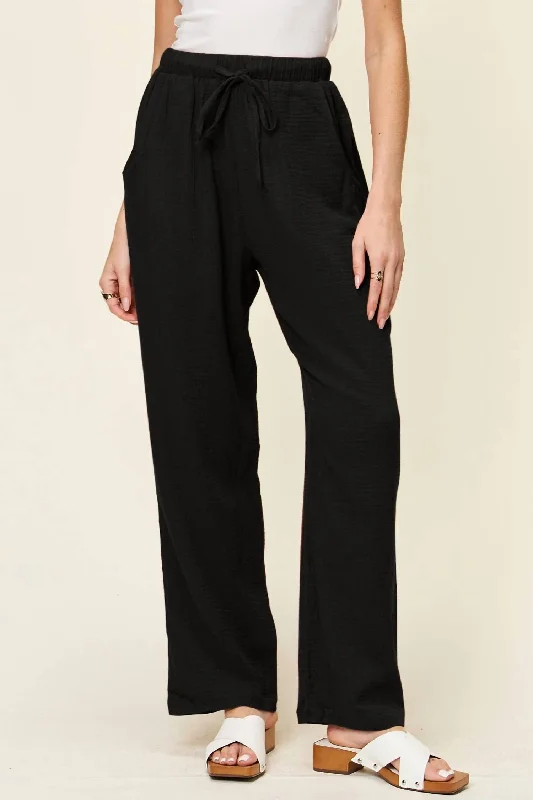 Pants for trendy professional looks -Texture Drawstring Straight Pants In Black